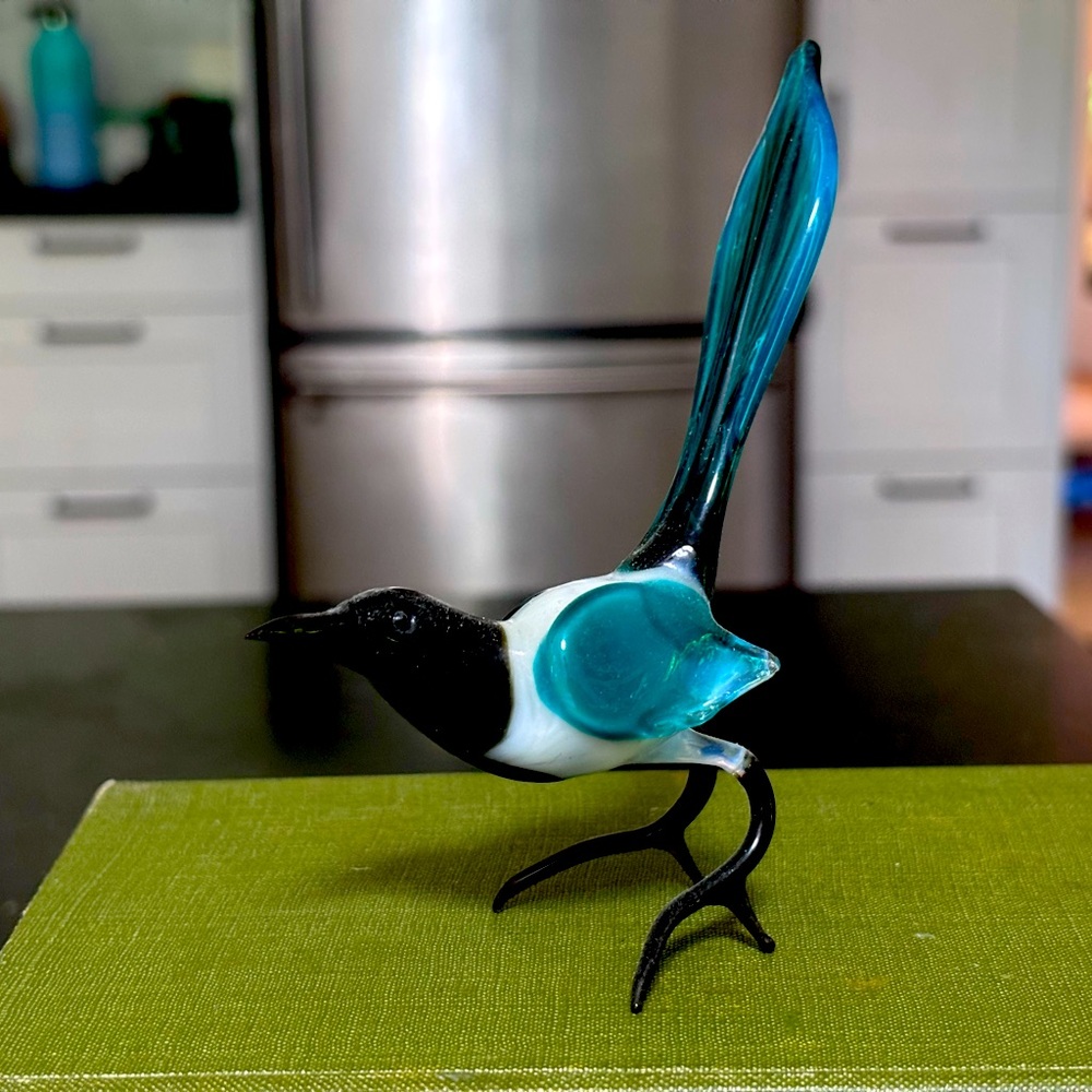 Handblown Glass Magpie Figurine • Art Glass Bird Sculpture • Turquoise Magpie
